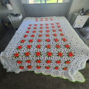 Handmade Crochet Twin Coverlett with Red and Green Floral Design